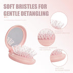 Folding Hair Brush with Compact Mirror, 2-in-1 Mini Hairbrush for Travel - Foldable Portable Pocket-Sized, Detangling Brush with Soft Nylon Bristles for Purse, Backpack, Women & Girls on The Go