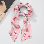 2 Piece Heart Print Ribbon Bow Elastic Hair Ties for Women Trendy Knotted Bow Valentine's Day Hair Scrunchies Soft Scarf Scrunchy with Flowing Tails