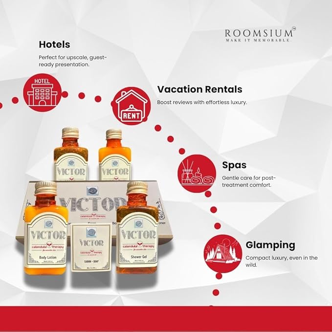 Turkish Bath Set by Roomsium, Victor Box Hotel Amenities Set | Toiletries| Shampoo, Body Lotion, Body Gel, Hair Conditioner, Soap - Bathroom Pack for Hotels,Airbnb (125 Pieces - 25 Individual boxes)