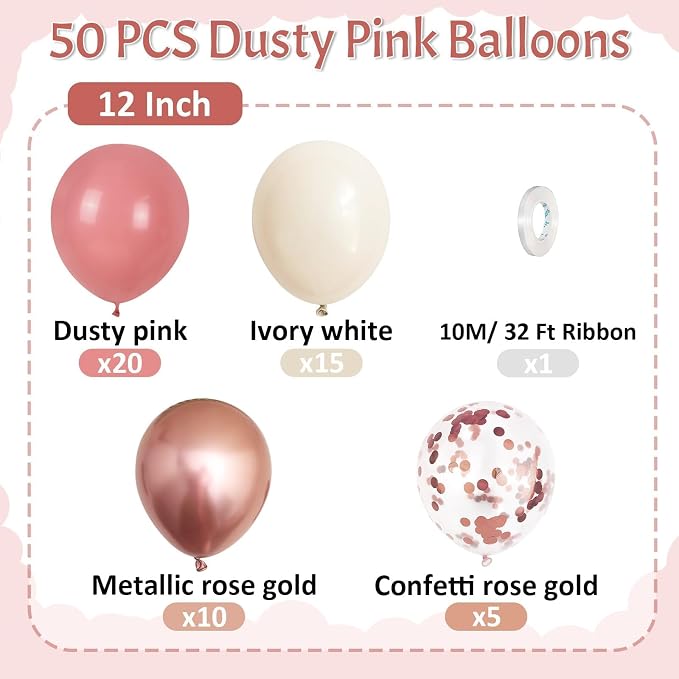 Paready Dusty Pink Balloons, 12 Inch Metallic Confetti Rose Gold Balloons Helium - Image 2