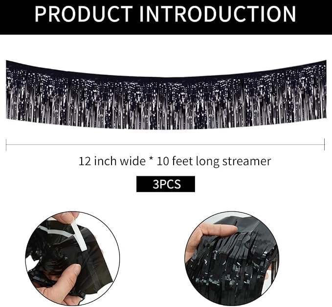 BEISHIDA Black Fringe Garland Banner 3Pack 30ft Wall Tinsel Foil Streamers | - Image 2