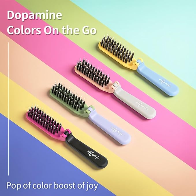 Uffy MiniPop Travel Hair Brush – Mini Folding Boar Bristles for Women, Men & Kids | Kid-Friendly Compact Comb for Wet & Dry Hair, Curly or Straight | Pocket-Size Detangler - Lemonade on Baby Blue