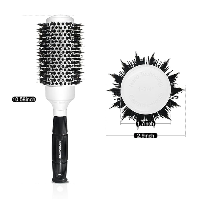 Round Brush with Boar Bristle, Ball Tip Round Hair Brushes for Women Blow Drying, 2 Clips and 1 Comb Included (2.9" & Barrel 1.7")…