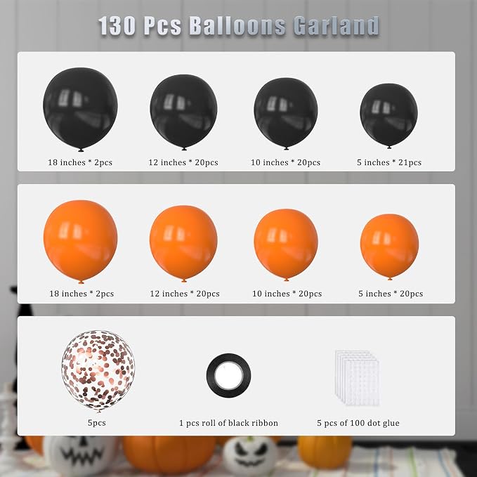 Orange and Black Balloons Arch Kit, Different Sizes Orange Balloons - Image 2
