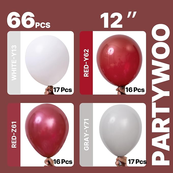 PartyWoo Burgundy White and Gray Balloons 66pcs 12 Inch Burgundy Balloons | - Image 2