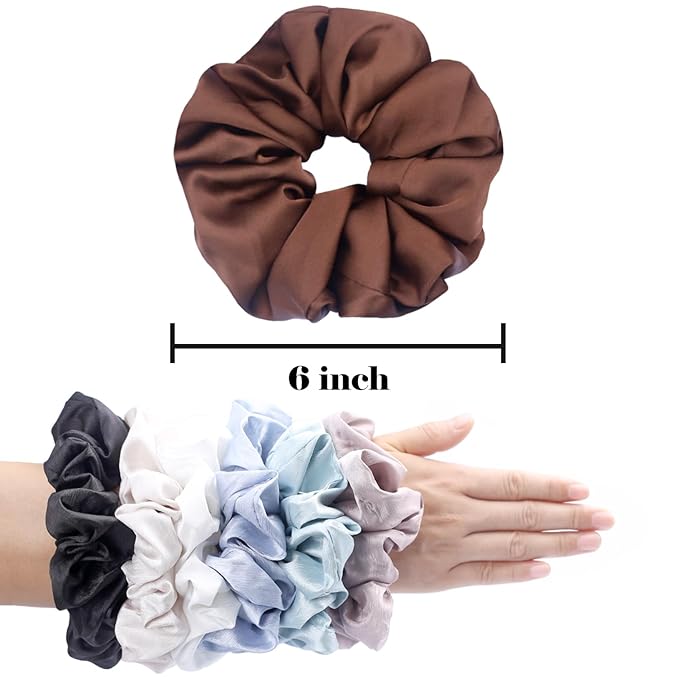 IVARYSS Big Scrunchies for Women Thick Hair, Premium Satin Softer than Silk, XL 6 Inch Extra Large Scrunchy Elastic Hair Bands Accessories, 6 Pack, Neutral