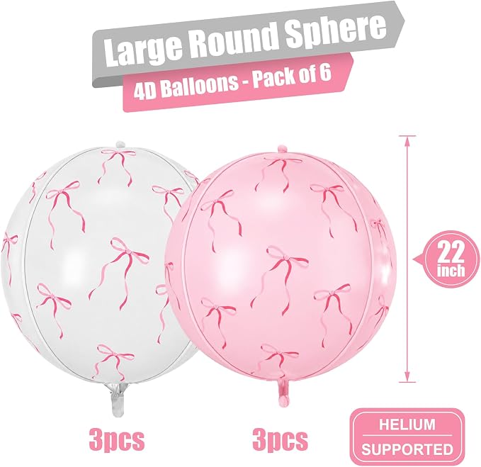 6Pcs Bow Print Round Foil Balloons, - Image 2