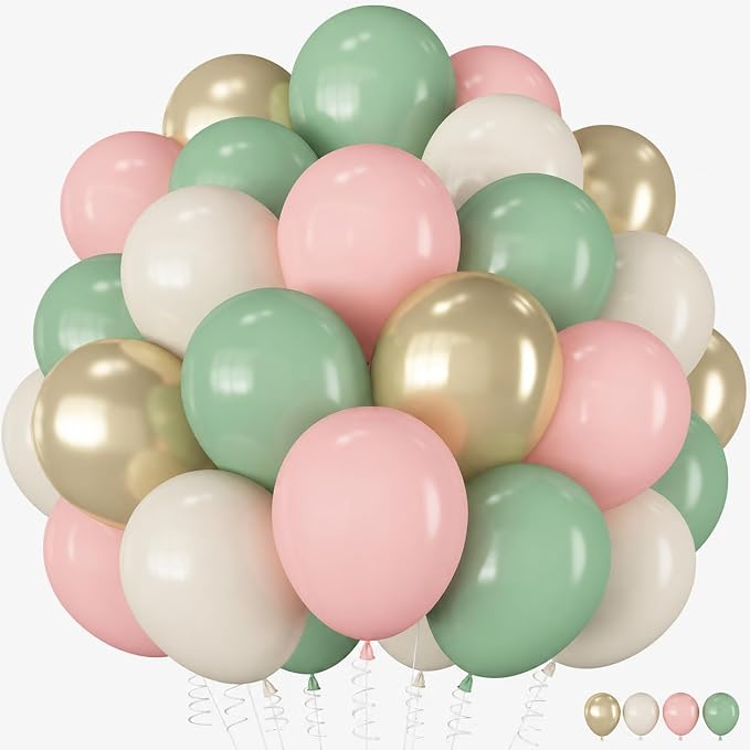 Pink and Green Balloons, 12 Inch Sage Green and Light Pink Gold White Balloons by Froova