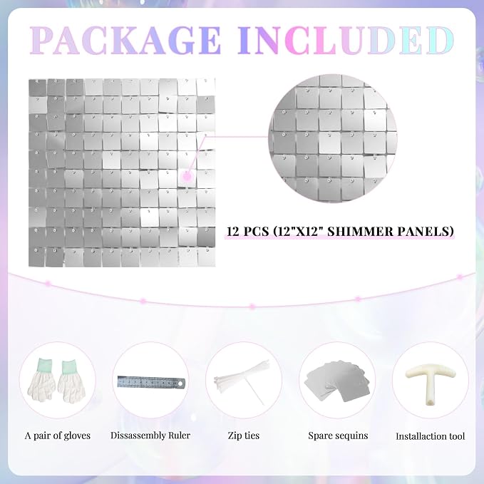 Shimmer Wall Backdrop Silver Wall Panels 12Pcs Square Sequin Shimmer Wall - Image 4