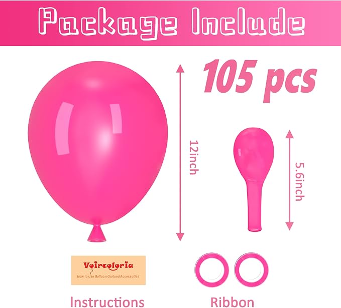 Voircoloria 105pcs Hot Pink Party Latex Balloons, 12inch | - Image 2
