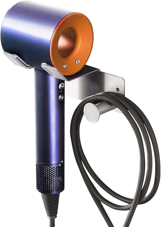 Hair Dryer Holder, Dyson Hair Dryer Holder, Blow Dryer Holder with Cord Hook SUS304 Stainless Steel Wall Mount, Self Adhesive/Screw Space Saving Hairdryer Holder for Bathroom Silver Ptalseaw