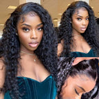 13x4 Human Hair Lace Front Wigs for Black Women 180% Density Brazilian Deep Wave HD Transparent Lace Front Wig with Baby Hair Pre Plucked Bleached Knots(18inch,Natural Black)