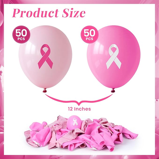 100 PCS Pink Ribbon Awareness Balloons Decorations 12 Inch Breast Cancer Ribbon - Image 2