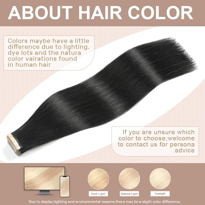 Tape in Hair Extensions Real Human Hair 24 Inch Jet Black Tape for Skin Weft Hair Extension Invisible Tape in Hair Extensions Straight Remy Human Hair for Women 20pcs