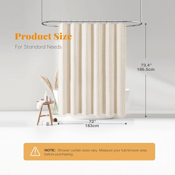 Cream Boho Farmhouse Linen Heavy Duty Shower Curtain Set, Water Repellent - Image 8