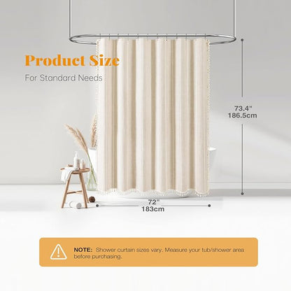 Cream Boho Farmhouse Linen Heavy Duty Shower Curtain Set, Water Repellent - Image 8