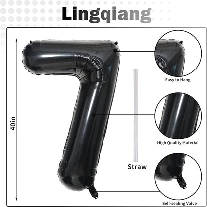 Black Number 17 Mylar Foil Balloons, 40 Inch Giant Black 17th Birthday Balloons - Image 2