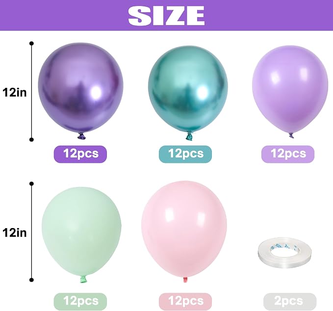 Mermaid Party Balloon Set, 60 Packs 12 Inches Metallic Purple Pink Green Blue - Image 2