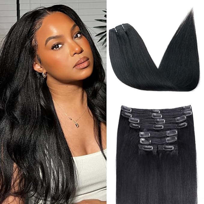 Yaki Straight Clip in Hair Extensions Real Human Hair 8Pcs Remy Human hair Clip ins for Women, Natural Soft Human Hair 120g 18inch #1B Natural Black
