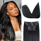 Yaki Straight Clip in Hair Extensions Real Human Hair 8Pcs Brazilian Human hair Clip ins for Black Women, Natural Soft Human Hair 120g 16inch #1B Natural Black