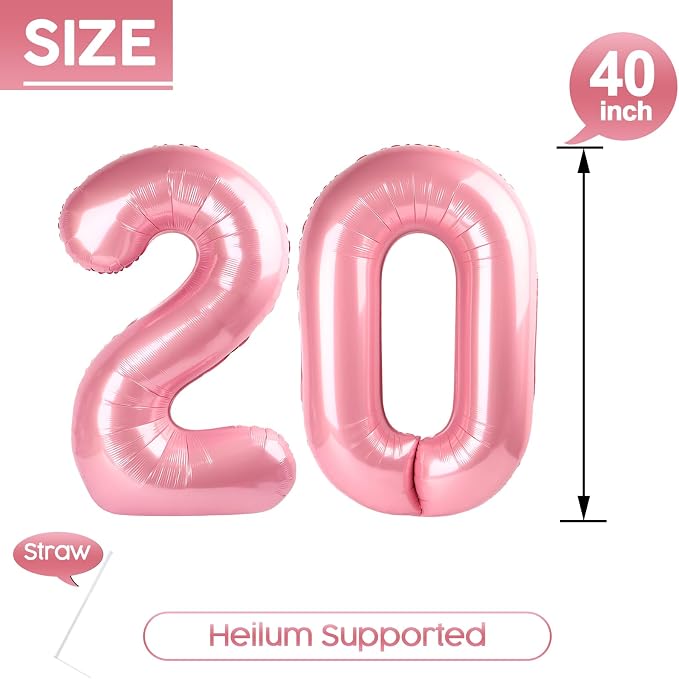 20 Balloon - Pastel Pink Birthday Number Balloons, 40 Inch Decorations | Pastel - Image 5