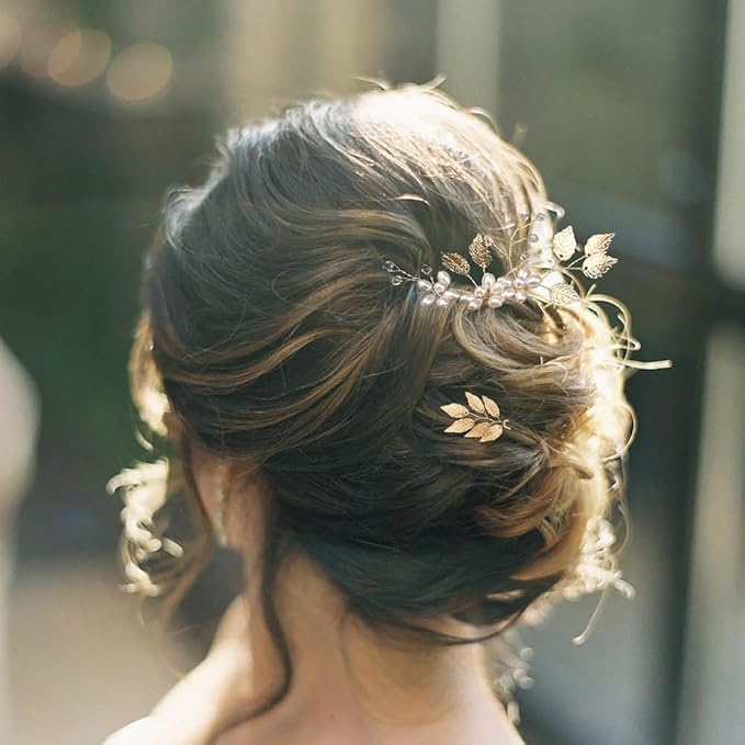 10 Pieces Gold Leaf Bridal Hair Pins, Wedding Headpiece Hair Jewelry with Pearl Rhinestone Wedding Hair Accessories for Bride Bridesmaids Flower Girls(Pearl)