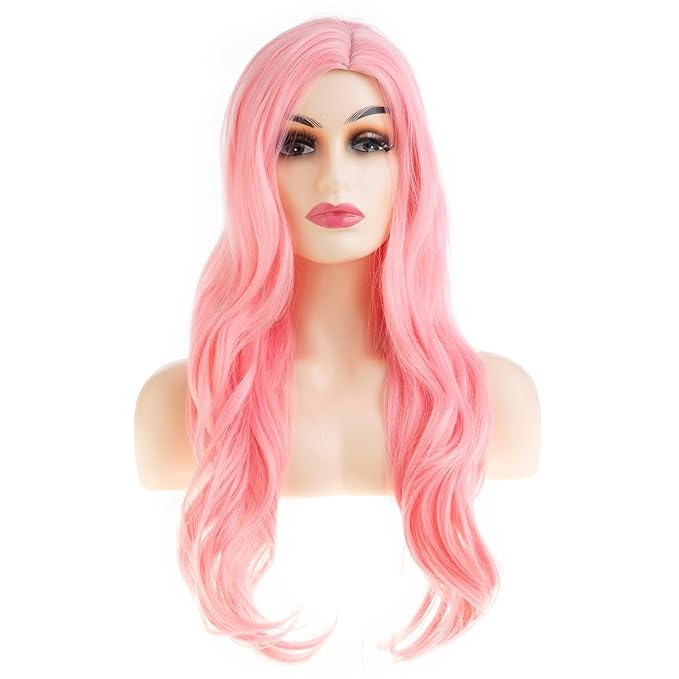 Baruisi Long Curly Wavy Pink Wigs for Women Side Part Natural Looking Cosplay Synthetic Heat Resistant Replacement Wig