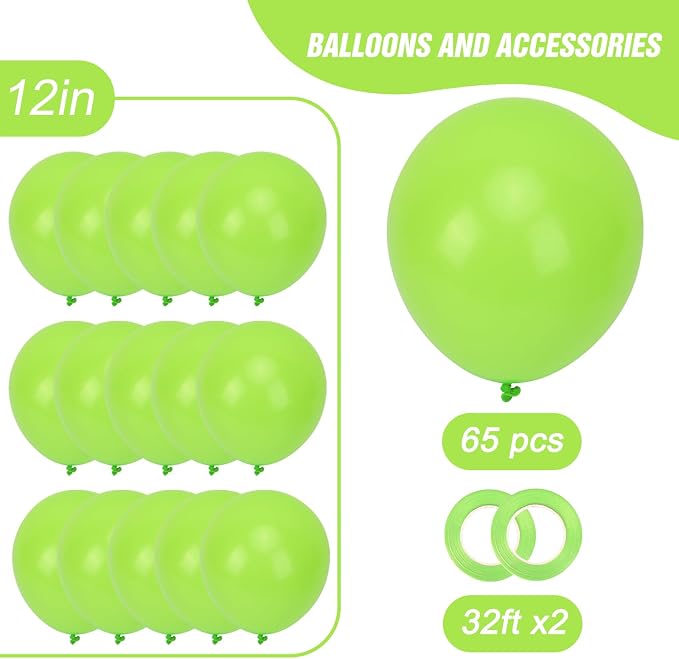 RUBFAC Lime Green Balloons 65pcs, 12 Inch Light Fruit Neon Green Party Balloon - Image 2