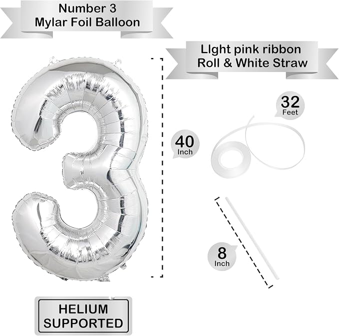 40 Inch Silver Number Balloons, Helium Mylar Foil Number Balloons - Image 3