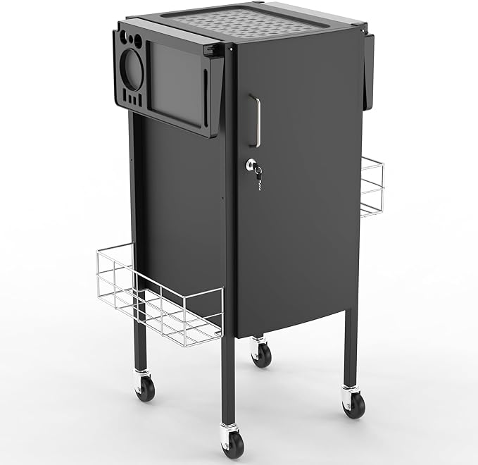 TASALON New Upgrade Salon Metal Trolley Cart-Space Saving Rolling Beauty Cart for Extra Storage, Lockable 5 Trays, 2 Folding Tray Holders, 2 Metal Baskets- Hair for Hair Stylist Multipurpose