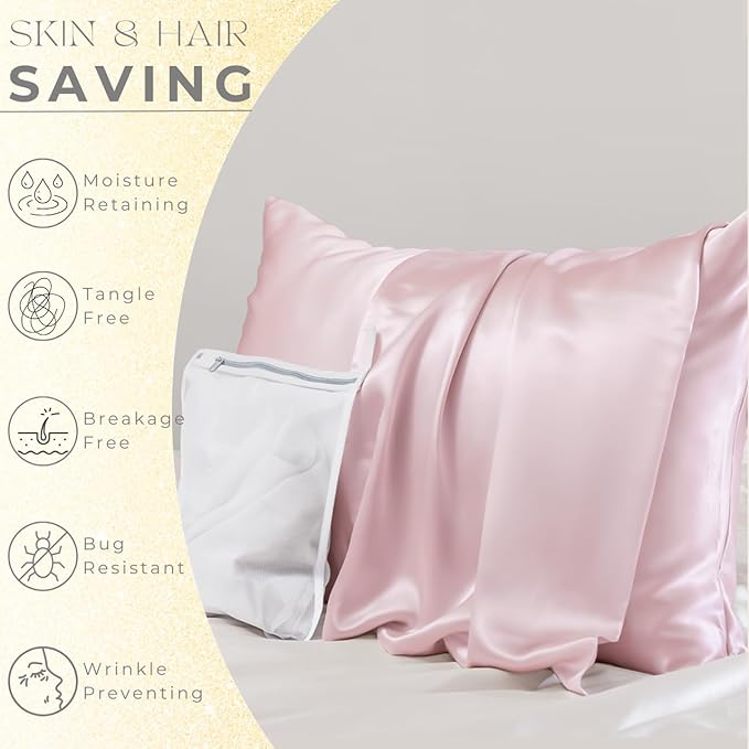 PROMEED 23 Momme Silk Pillowcase 2 Pack, Both Sides 100% 23 Momme Mulberry Silk Pillow Case Set of 2, Hidden Zipper Closure for Easy Set (Queen 20"x30", Pink)