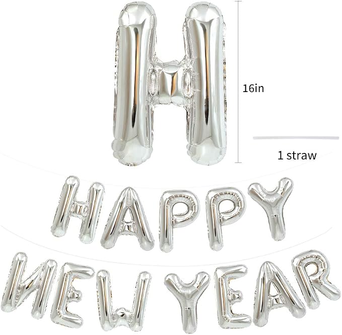 TONIFUL Silver Happy New Year Balloons 16 Inches Mylar Foil Letter Sign Banner - Image 2