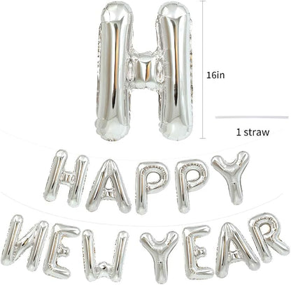 TONIFUL Silver Happy New Year Balloons 16 Inches Mylar Foil Letter Sign Banner - Image 2