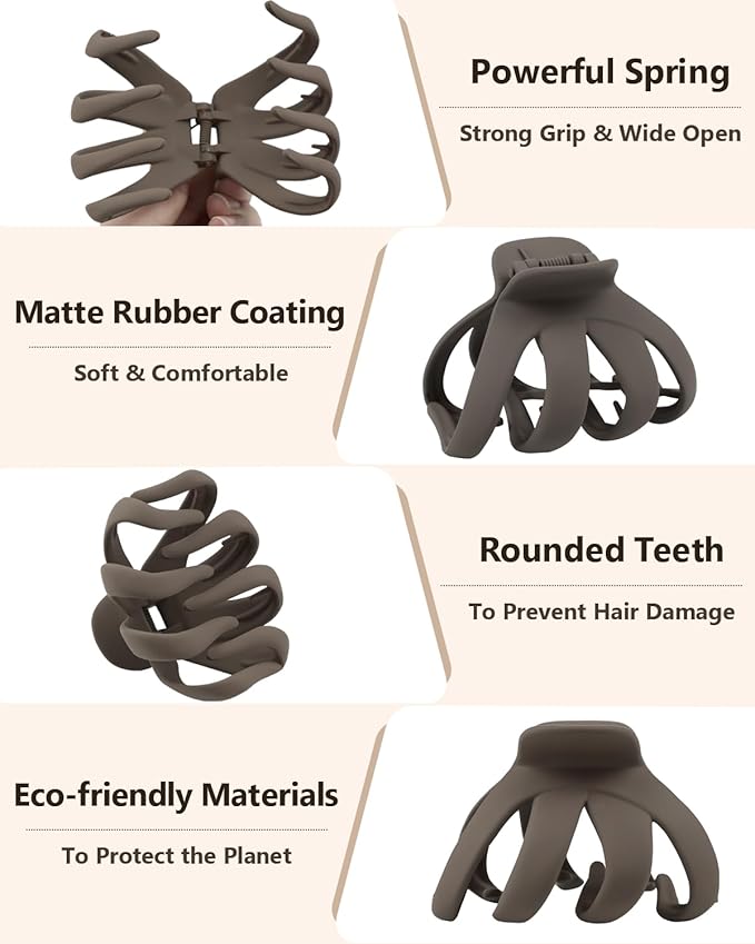 Big Claw Hair Clips for Thick Hair, 3.2" Matte Octopus Large Clips for Women and Girls, Strong Hold Jumbo Clips for All Hair Types, 6 Pack (Neutral)
