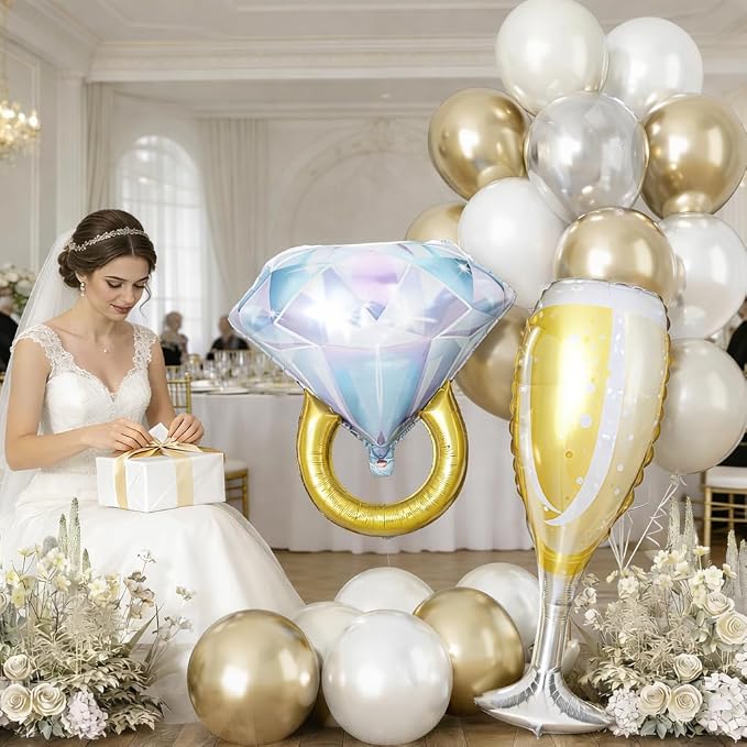 White Gold Balloons with 37inch Foil Diamond Ring Champagne Glass Balloons - Image 2