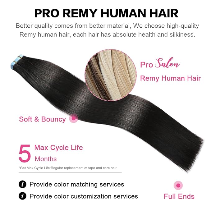 SUYYA Tape in Hair Extensions Human Hair 100% Remy Human Hair Natural Black 50g/pack 20pcs Straight Seamless Skin Weft Tape Hair Extensions(24 inches #1B Off Black)