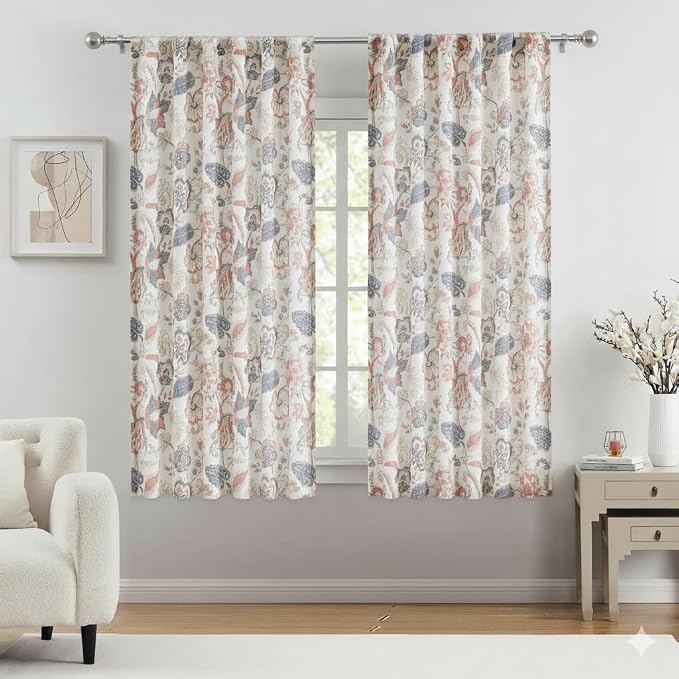 Kayne Studio Botanical Print Semi Sheer Curtains Navy Red Floral Leaf Farmhouse by KayneStudio