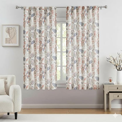Kayne Studio Botanical Print Semi Sheer Curtains Navy Red Floral Leaf Farmhouse by KayneStudio