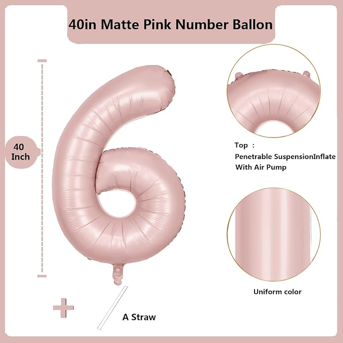 40 inch Pink Number Balloon Light Pink 6 Balloon Matte Pink Number 6 Balloon - Image 2