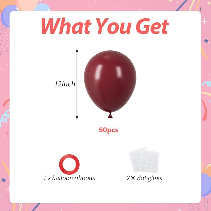 50pcs Burgundy Balloons, 12 Inch Maroon Balloons | Helium Quality - Image 2