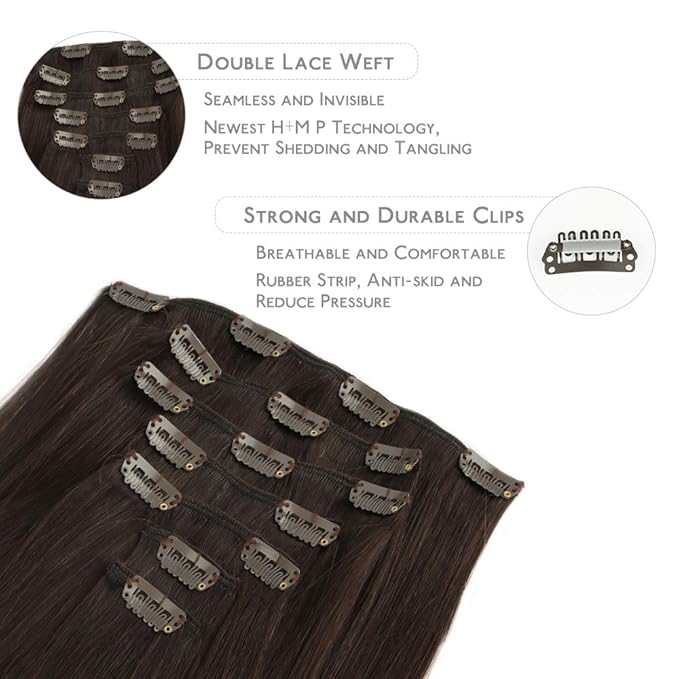 WENNALIFE Clip in Hair Extensions Real Human Hair, 16 Inch 120g 7pcs Dark Brown to Chestnut Brown and Dirty Blonde Highlighted Clip In Human Hair Remy Clip in Hair Extensions Double Weft