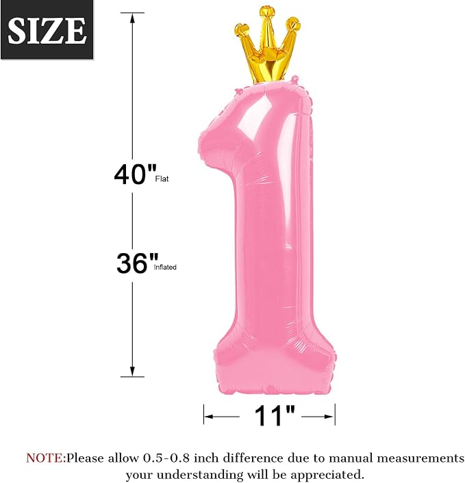 Pink Crown Number 1 Balloon 40 inch, Big Pink 1st Birthday Party Decorations | - Image 2