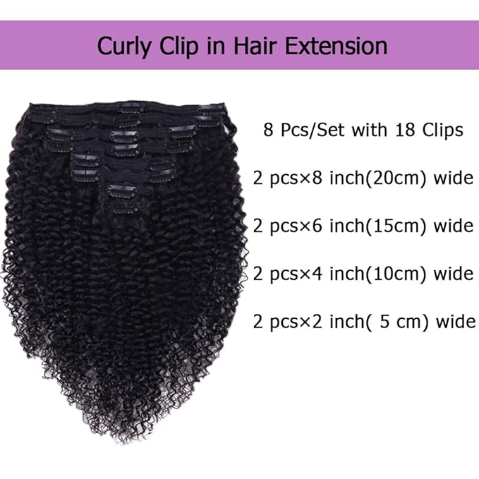 Curly Clip In Extension Human Hair 3C 4A Kinky Curly Clip Ins Full Head for Black Women Brazilian Remy Human Hair Natural Color 8Pcs with18clips 120g/Set (18 inch, curly wave)