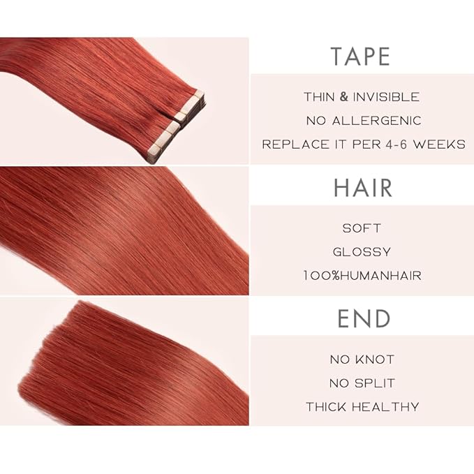Tape in Hair Extensions Real Human Hair 24 Inch Copper Double Sided Tape for Skin Weft Hair Extension Invisible Tape in Hair Extensions Straight Remy Human Hair for Women 20pcs (350#,24 Inch)