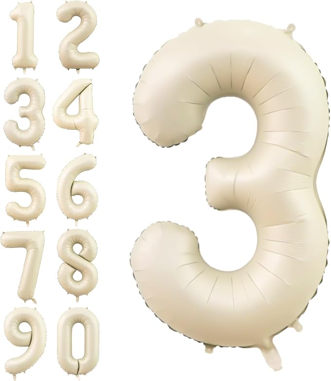 Number 3 Balloon Beige, 40 Inch Large Cream Foil 3 Helium Balloons by Dagelar