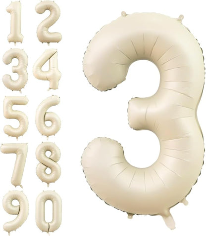 Number 3 Balloon Beige, 40 Inch Large Cream Foil 3 Helium Balloons by Dagelar