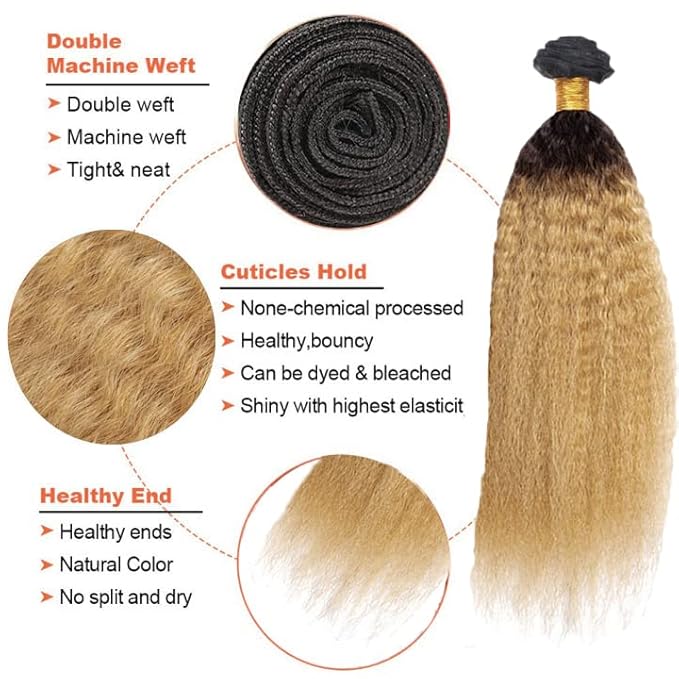 30 32 34 Inch Ombre Bundles Human Hair 1B27 Kinky Straight Bundle Niegmeag Virgin Remy Hair Extensions Double Weft 2 Tone Black and Honey Blonde Yaki Straight Bundle Hair Weave