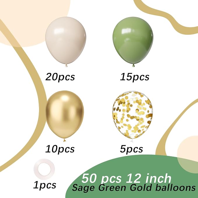 Sage Green Gold Balloons, Birthday Party Decorations - Image 2