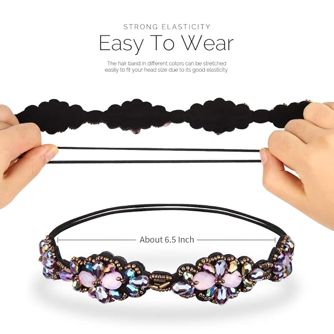 Teenitor 5pcs Elastic Beaded Headbands, Jewels Hairbands Hat Bands, Crystal Rhinestone Headband for Women Girls