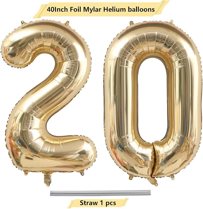 Light Gold 20 Number Balloons 40 Inch White Gold Giant 20 Foil Mylar Helium | - Image 4